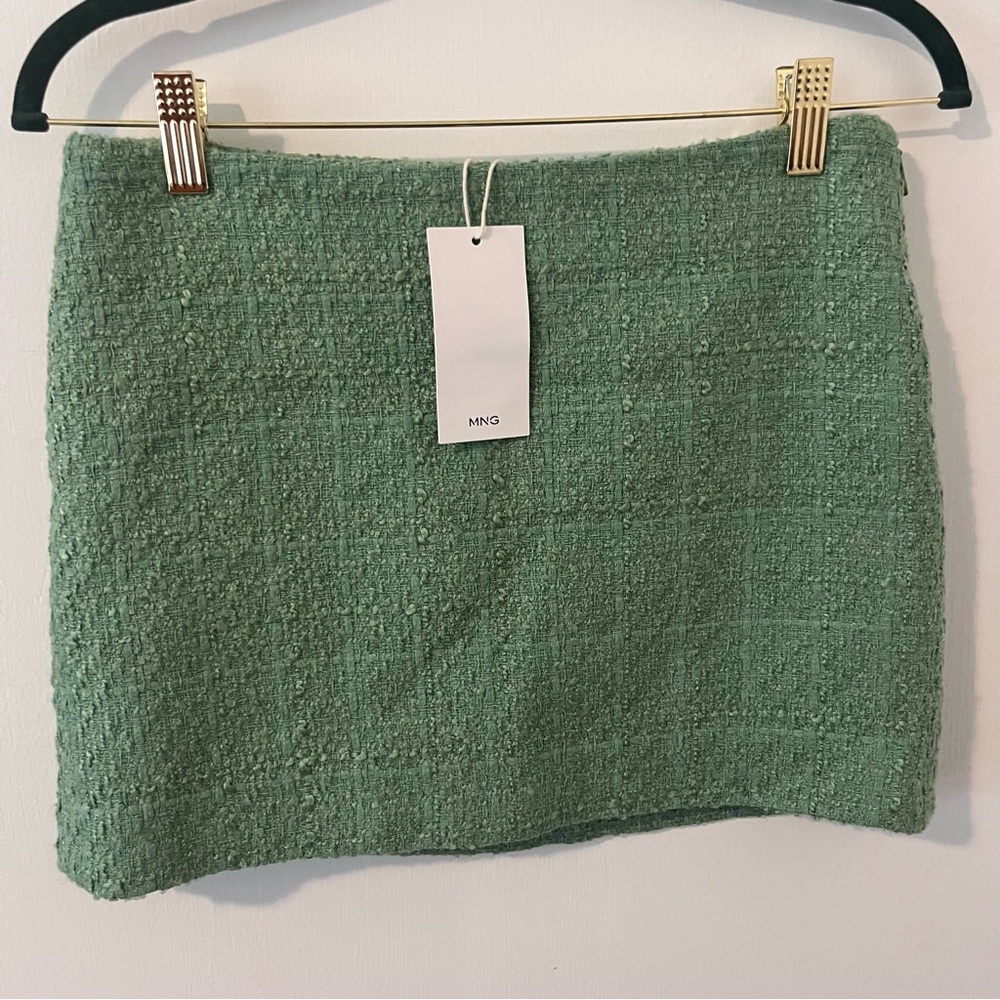NWT Mango Tweed Mini Skirt Green Size XS Office Suiting